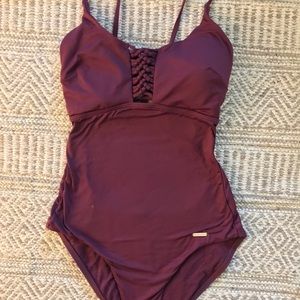 Strappy-back knit-front one-piece swimsuit